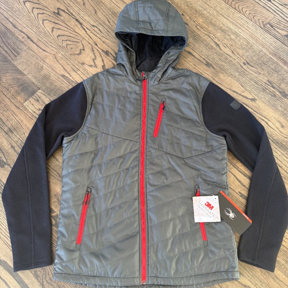 SPYDER Ouzo Hooded Stryke Quilted Jacket Grey/Black/Red Men's Sz Medium NWT $199